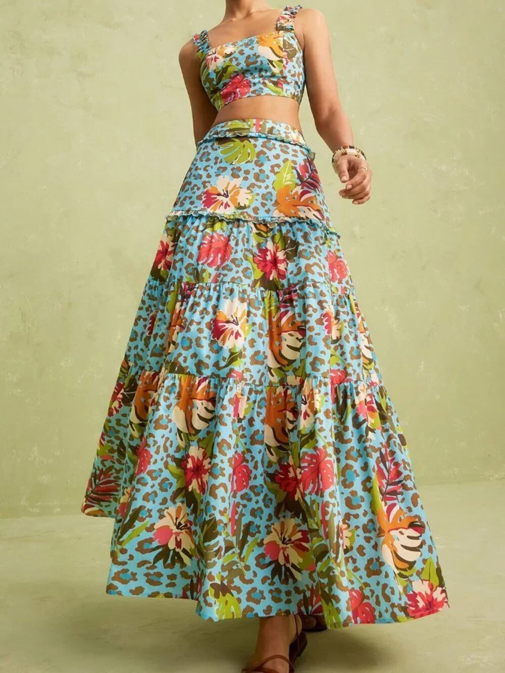 Multicolor Boho Women's Tropical Leopard Floral Cami Crop Top & Skirt Set